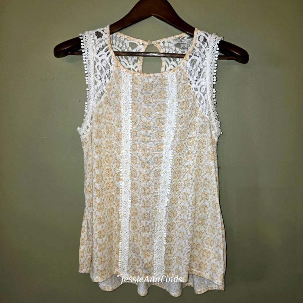 LC Lauren Conrad White Cream Floral Lace Sleeveless Boho Blouse Shirt Size XS